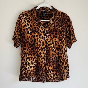 Forever 21 Leopard Print Button Up Blouse | Short Sleeve Animal Print Top |  S